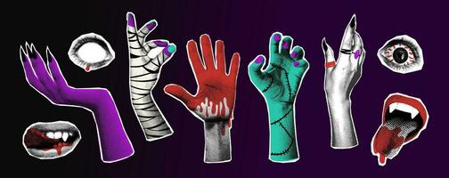 Halloween set of hands halftone collage vector illustration