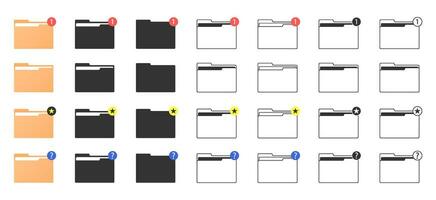 carpeta atajos para computadora en diferente estilos. carpetas con un prioridad firmar, un pregunta marca, y un nuevo mensaje signo. vector