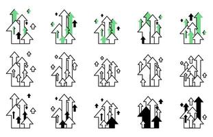 A set of various up arrows. In green color and linear styles vector