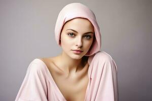 Portrait of a beautiful bald girl after chemotherapy on a solid background with a place for text photo