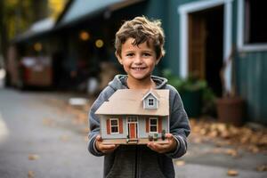 Homeless boy holding a cardboard house photo