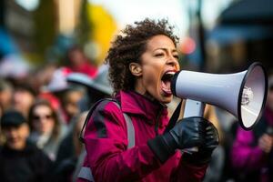 A person wearing a strike badge speaks passionately into a megaphone rallying a crowd behind them photo