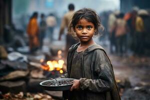 Hungry girl on the slum district photo