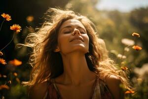 Amidst a field of wildflowers a person closes their eyes feeling the warmth of the sun on their face a peaceful escape on World Mental Health Day photo