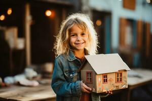 Vagabundo niña participación un cartulina casa foto