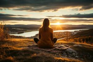 Sitting atop a hill a person gazes at the horizon as the sun sets casting a warm glow a moment of reflection on World Mental Health Day photo