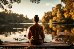 A person sits by a calm lake breathing in the fresh air surrounded by trees rustling in the gentle breeze a moment of serenity for World Mental Health Day photo