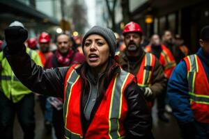 Striking workers march in solidarity their determination visible in their resolute expressions photo