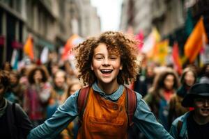 A young environmentalist leading a spirited chant amidst a sea of colorful banners and concerned faces at a climate strike photo