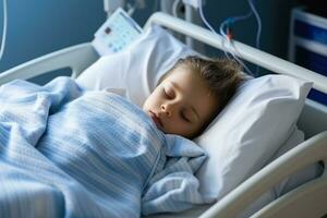 en el hospital enfermo niño paciente duerme en el cama corazón Velocidad monitor equipo es en su dedo foto