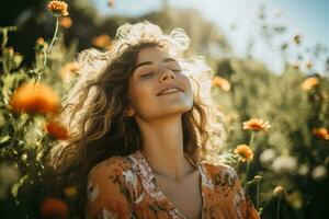 Amidst a field of wildflowers a person closes their eyes feeling the warmth of the sun on their face a peaceful escape on World Mental Health Day photo