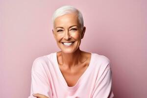 Portrait of a beautiful bald old woman after chemotherapy on a solid background with a place for text photo