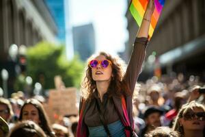 A protester holds a sign high above the crowd demanding change at a vibrant strike rally photo