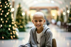 Bald boy smiling in cancer hospital rehabilitation with empty space for text photo