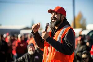 A striking worker delivers a powerful speech to a gathered crowd inspiring support for their cause photo