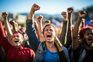 un grupo de apasionado individuos aumento su puños en unidad como ellos marzo para su derechos durante un Huelga foto