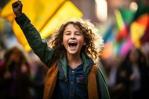 A young environmentalist leading a spirited chant amidst a sea of colorful banners and concerned faces at a climate strike photo