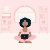 A young black girl with headphones is watching an online stream on a laptop. Streaming video. Online communication. Digital network live stream entertainment media. Vector illustration
