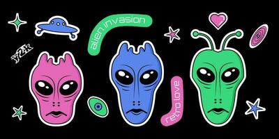 Three alien heads, vector retro sticker set, y2k graphics, futuristic labels, ufo, stars, galaxy, space objects.