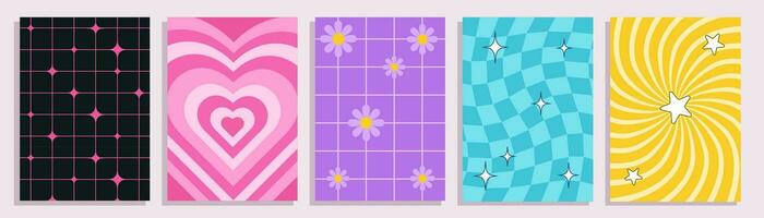 Set of five retro y2k backgrounds with geometric single and seamless patterns, 2000s aesthetic colorful backdrops for prints, decorations, postcards, templates. vector