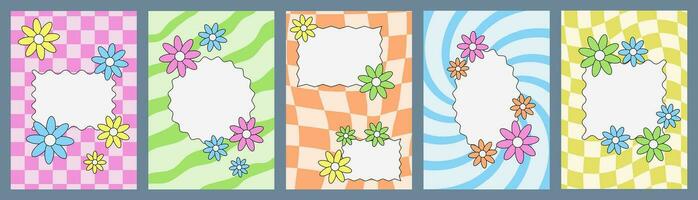 Five retro vertical backgrounds, Y2K backdrops, checkered and distorted patterns with frames and flowers, vector prints.
