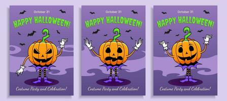 Three Halloween posters with pumpkin character, Halloween party invitation, greeting, All Saints Day holiday vector