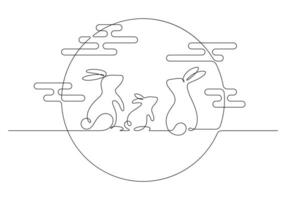 rabbit family celebrate mid autumn festival one line continuous vector illustration