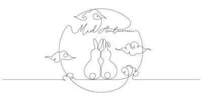 rabbits watching full moon mid autumn festival one line drawing vector