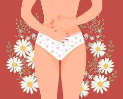 menstrual período. hembra cuerpo en bragas con abdominal dolor. mujer salud concepto con flores ilustración, vector