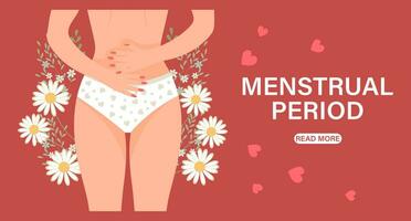 menstrual período. aterrizaje página modelo. hembra cuerpo en bragas con abdominal dolor. mujer salud concepto con flores ilustración, vector