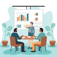 Business Meeting. Vector cartoon illustration in a flat style of a group of diverse people leading a discussion at a table near a whiteboard with charts and graphs. Isolated on background