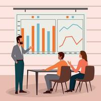 Business Meeting. Vector cartoon illustration in a flat style of a group of diverse people leading a discussion at a table near a whiteboard with charts and graphs. Isolated on background