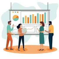 Business Meeting. Vector cartoon illustration in a flat style of a group of diverse people leading a discussion at a table near a whiteboard with charts and graphs. Isolated on background