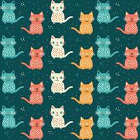 Cute seamless pattern background with funny cats in cartoon style vector