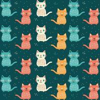 Cute seamless pattern background with funny cats in cartoon style vector