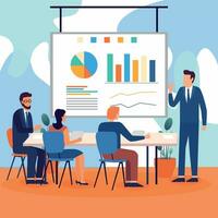 Business Meeting. Vector cartoon illustration in a flat style of a group of diverse people leading a discussion at a table near a whiteboard with charts and graphs. Isolated on background