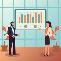 Business Meeting. Vector cartoon illustration in a flat style of a group of diverse people leading a discussion at a table near a whiteboard with charts and graphs. Isolated on background