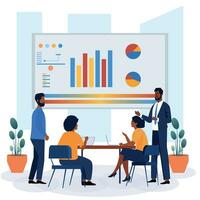 Business Meeting. Vector cartoon illustration in a flat style of a group of diverse people leading a discussion at a table near a whiteboard with charts and graphs. Isolated on background