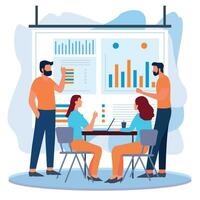 Business Meeting. Vector cartoon illustration in a flat style of a group of diverse people leading a discussion at a table near a whiteboard with charts and graphs. Isolated on background