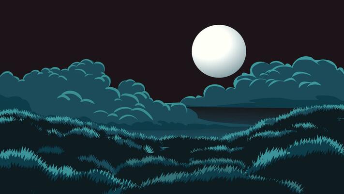 Vector illustration of full moon over grassland with cloud