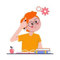 Boy on school exam. Kid study and think about test or homework in class. Pupil confused how to do survay on blank. Vector illustration about child education