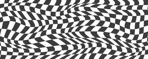 Checkerboard wavy pattern. Abstract chess square print. Black and white psychedelic optical illusion. Warped flag with geometric graphic. Y2k design for banner vector