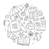 A set of cute autumn doodles circle shape. A collection of simple autumn drawings. Vector illustration.