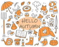 A set of cute autumn doodles. A collection of simple colored autumn drawings. Vector illustration