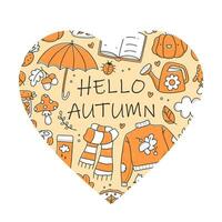 Hello autumn concept. Heart shape with cute autumn doodles. Vector isolated illustration