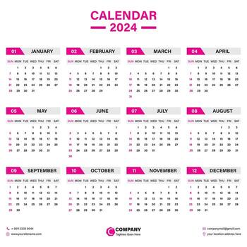 calendar 2024 week start Monday corporate set design template vector file