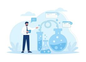 Scientist doing tests in flasks in lab, scientific research concept flat illustration vector