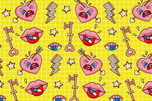 Cute retro cartoon pattern semmles design. Hearts, arrows, mouths, lightning, eyes and stars. Suitable for elements and backgrounds vector