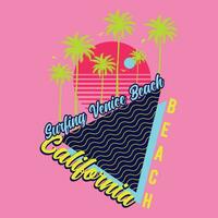 Surfing Venice Beach California typography slogan on palm trees background for summer fashion print. Retro Color Brush Stork with Sun Waves and Surfboards. vector