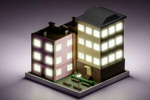 3D render illustration of multistory residential building at night. Isometric view photo